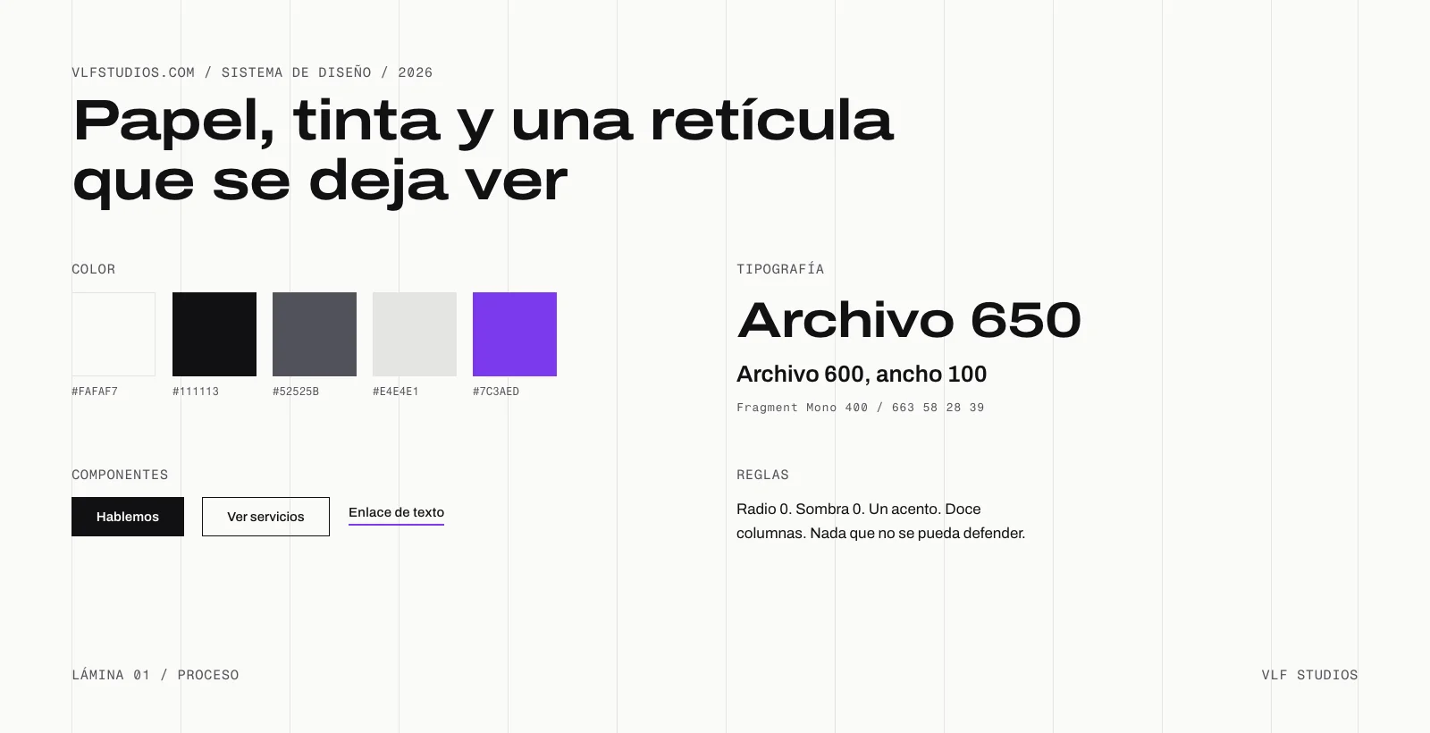 Hoja del sistema de diseño de vlfstudios.com: paleta de papel, tinta y violeta, tipografías Archivo y Fragment Mono, retícula de doce columnas y componentes de la web